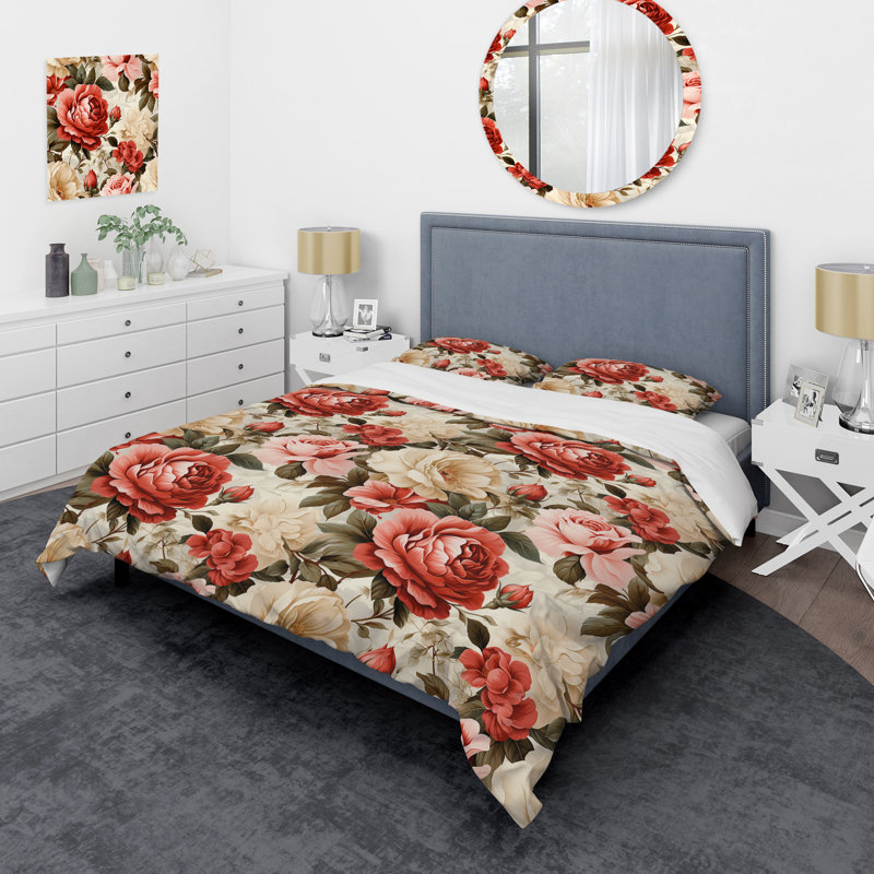 Motif floral rose rétro - Ensemble de housse de couette floral - Polyester microfibre