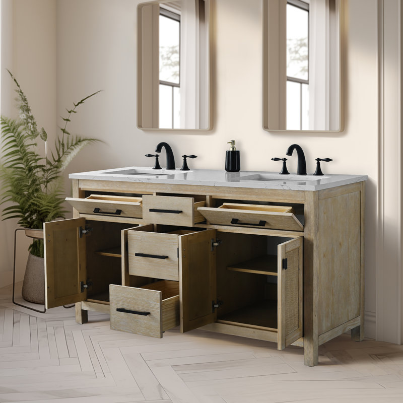 Marquist 60" Double Bathroom Vanity With Stone Top,  Fir Essence Light
