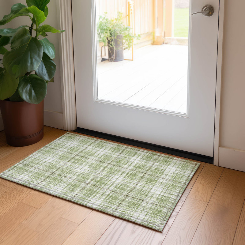 Aloe Green and White Plaid Washable Rectangular Rug