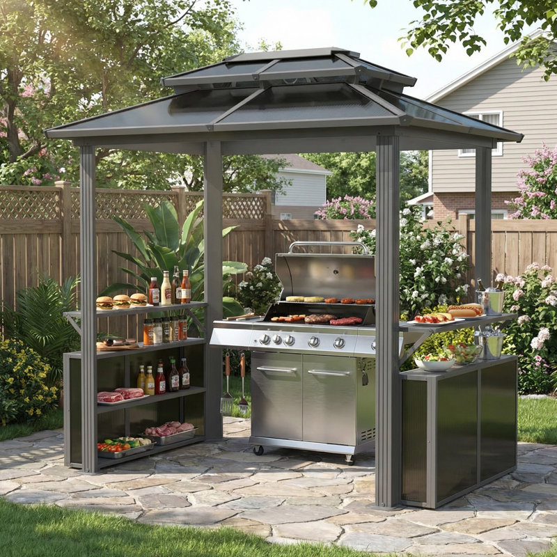 8' x 6' Hardtop Grill Gazebo, Outdoor Metal BBQ Gazebo with Storage Cabinet,   Double Roof  Hardtop Gazebo, Includes Ceiling Hooks, Suitable for Lawn, Courtyard and Garden