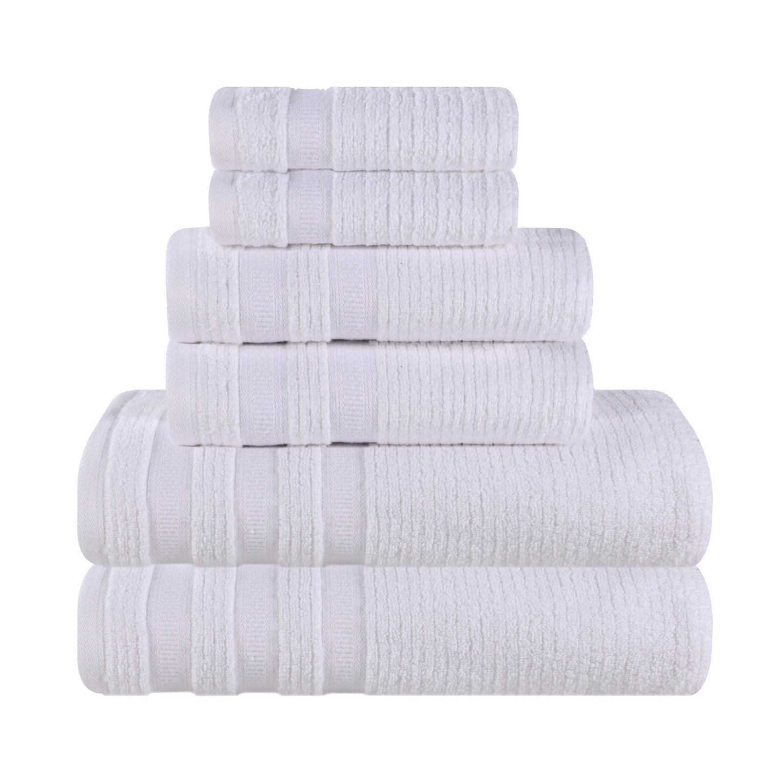 Ilseruth Zero Twist Cotton Ribbed Modern Geometric Border Soft 6 Piece Bathroom Towel Set, White