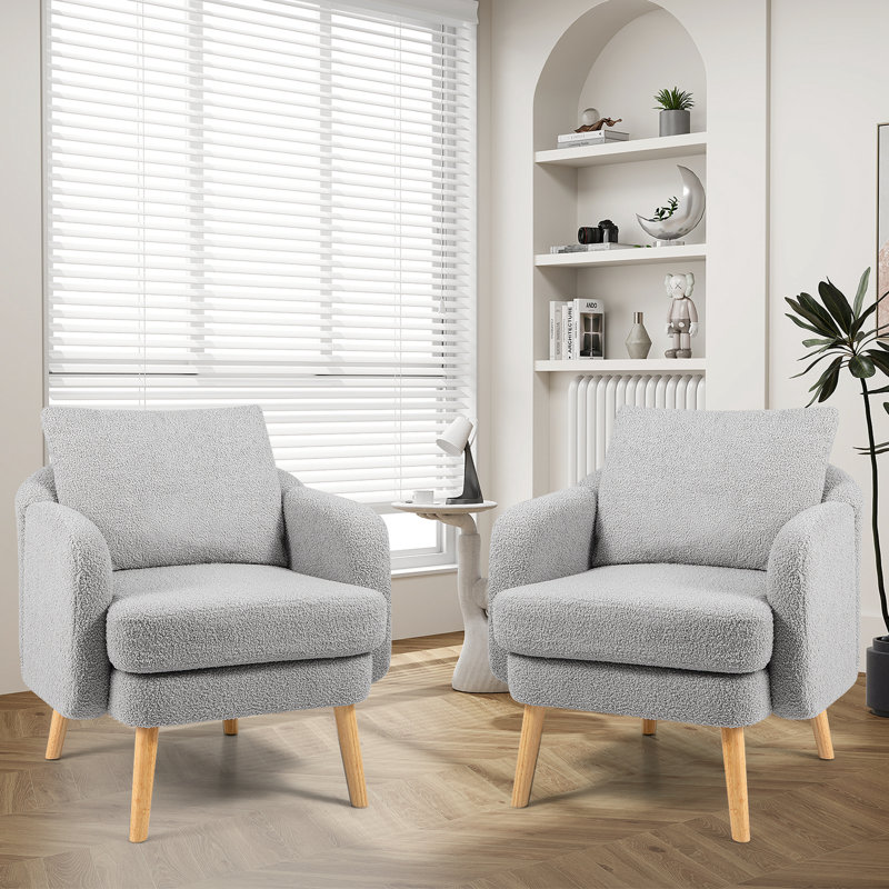 Chaise d'appoint en sherpa avec coussin de siège et pieds en bois d'hévéa pour la chambre à coucher, Fausse fourrure grise