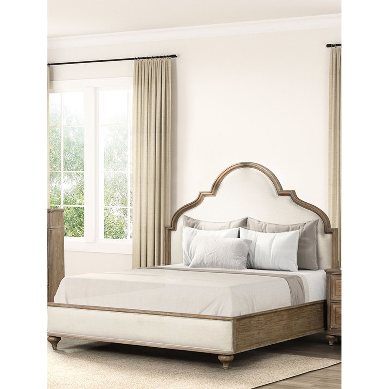 Très grand cadre de lit en chêne rustique avec des pieds distinctifs et une structure en bois massif pour la chambre à coucher, matériau de tête de lit en tissu unique