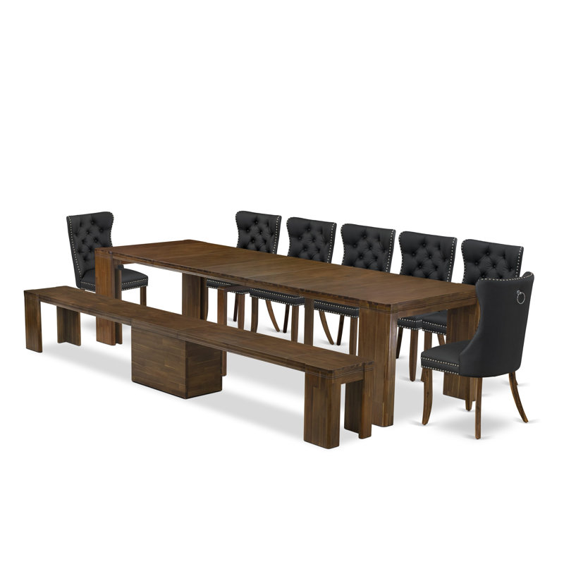 9 Pieces Dining Room Set contains an Extendable Rectangle Kitchen Table, 7 Polyester Fabric Dining Chairs and 1 Modern Bench, Antique Walnut