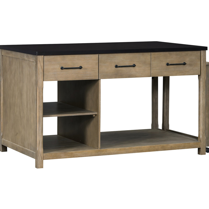 Chariot de cuisine extensible avec rangement, prises électriques intégrées, îlot rétro (+ alimentation multifonctionnelle naturelle, surface extensible et rangement de tiroir)