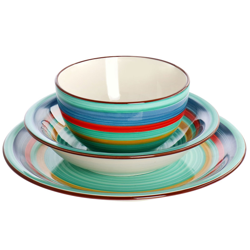 Service de table 12 pièces en grès multicolore vert