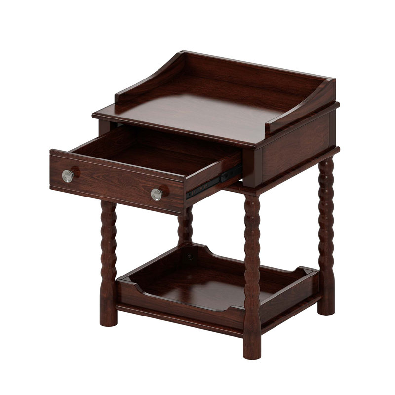 Ensemble de chambre à coucher de style rétro 4 pièces, grand lit plateforme avec tête de lit en forme de gourde, table de chevet et banc avec pieds tournés