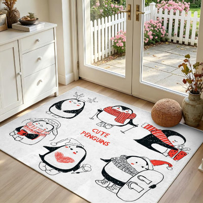 Red Machine Washable,with Cute Penguins Penguin Animal Indoor Area Rug