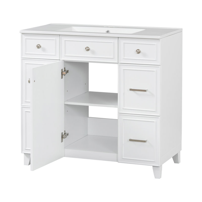 Meuble-lavabo de 36 po avec lavabo en céramique, cadre en bois massif blanc, portes à fermeture en douceur, tablettes réglables, 3 tiroirs, y compris un tiroir à double profondeur pour le rangement du sèche-cheveux (ancien numéro de référence: SV000003AAW-2)