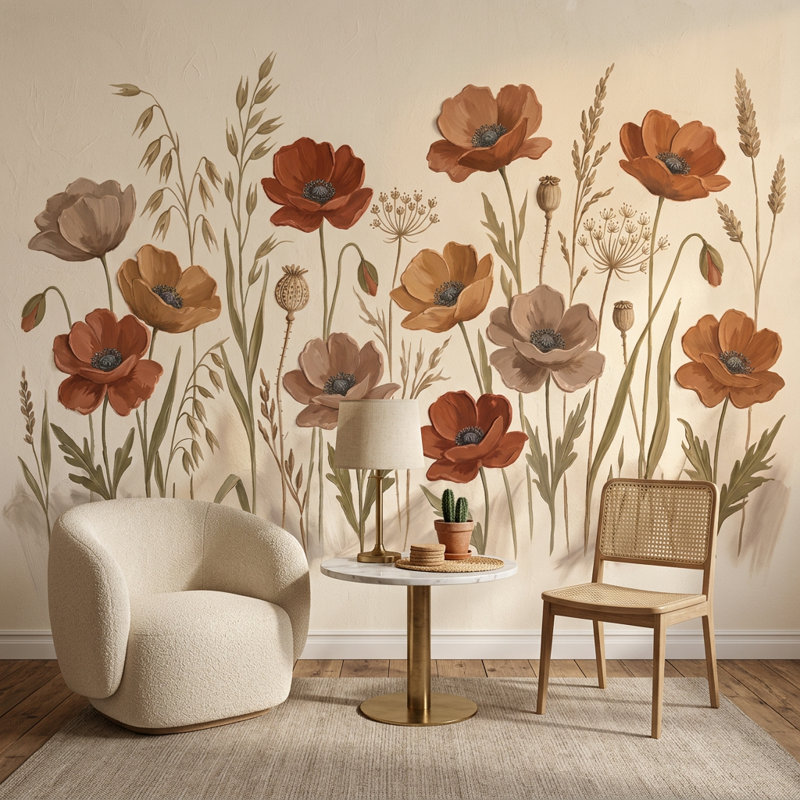 Motif de fleurs sauvages, coquelicots, illustration botanique, décoration murale amovible, 120 po x 96 po, Peler et coller