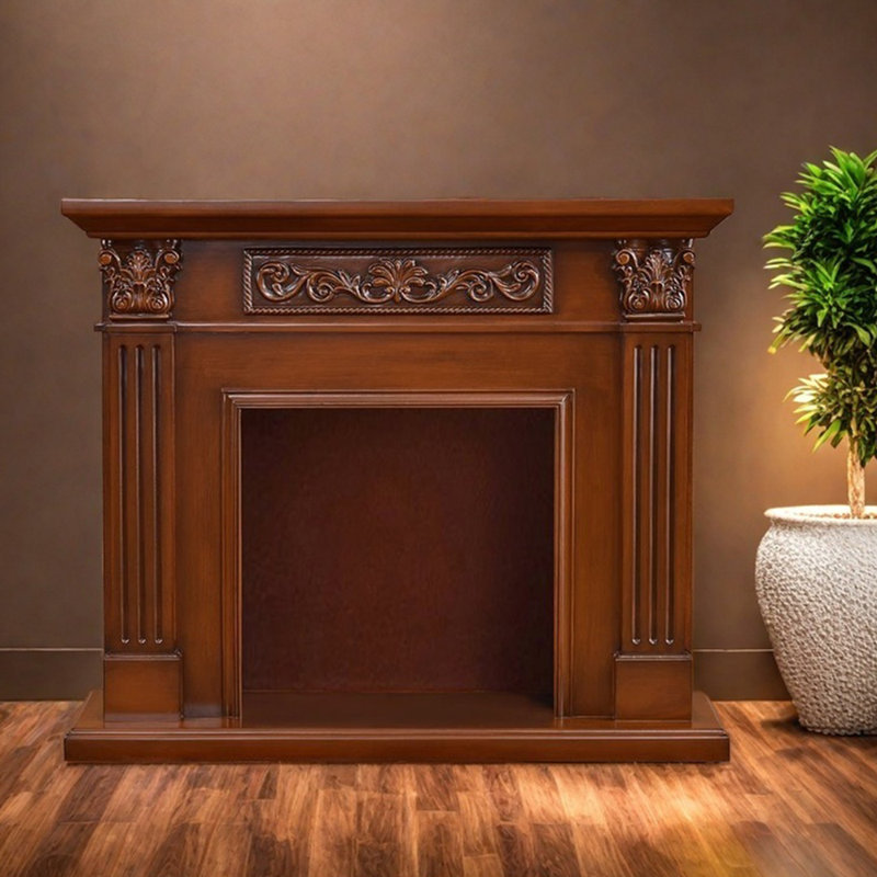 Three-dimensional carving craft fireplace, 45.66" H x 59.05" W x 12.99" D, Brown