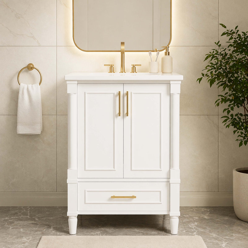Meuble-lavabo autoportant à colonne cannelée, meuble-lavabo de salle de bain avec portes doubles à fermeture en douceur, tiroir de rangement coulissant, tablette réglable et lavabo en céramique lustré intégré