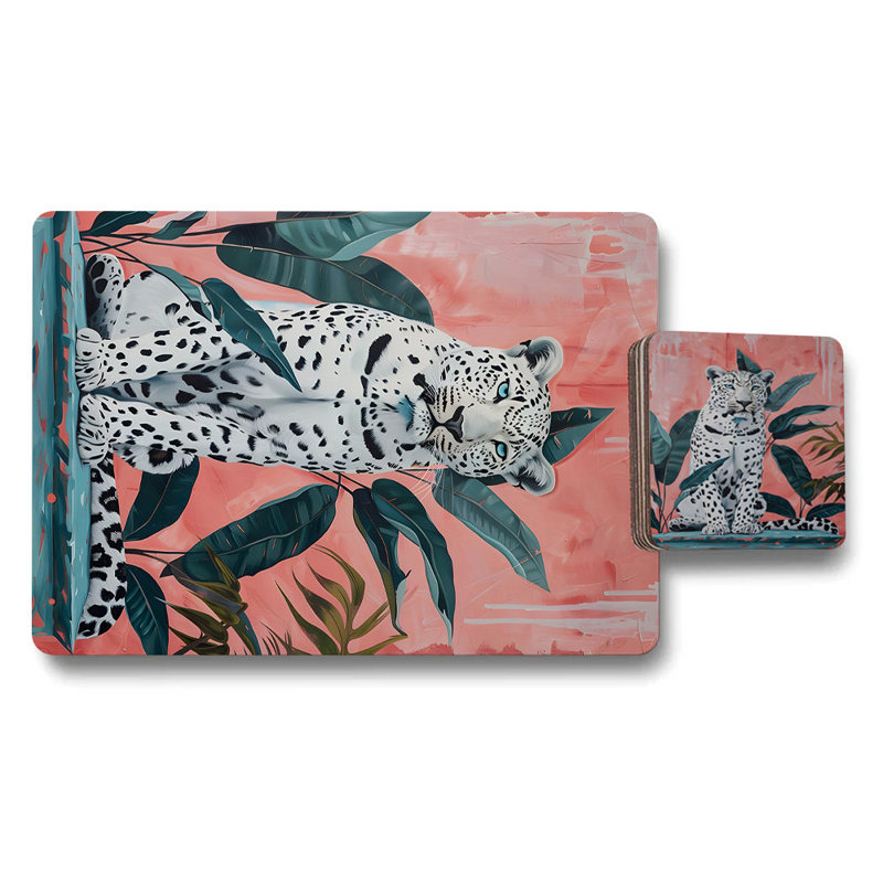 Leopard Print Placemat And Coaster Set Wood Backed High End Print Limited Edition
