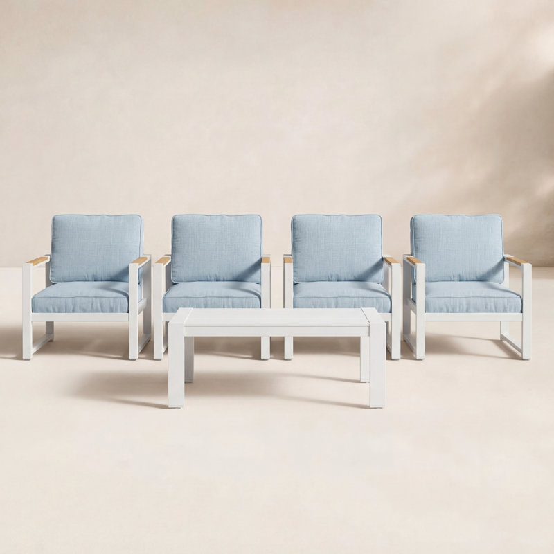 Ensemble de conversation avec coussins 5 pièces Jayton, 5 pièces: table, 4 chaises, Coussin bleu / cadre blanc