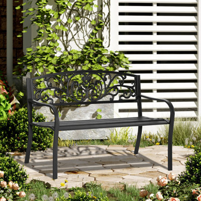 Outdoor Bench, Metal Garden Bench With Floral Pattern Backrest, Bench For Bedroom by Latitude Run