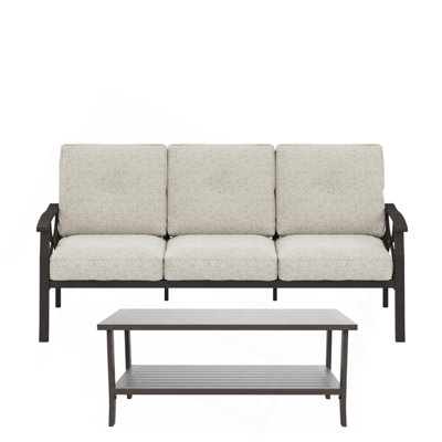 Ensemble de meubles de patio en métal 5 pièces, canapé de conversation toutes saisons à 5 places avec coussins beiges épais de 4 pouces, structure kaki, table basse et table de bout pour le jardin de la véranda