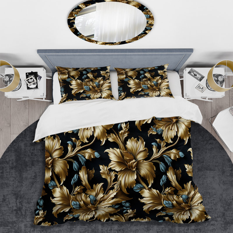 Ensemble de housse de couette damassé Glamour III bleu foncé et doré, Housse de couette pour grand lit et 2 taies décor