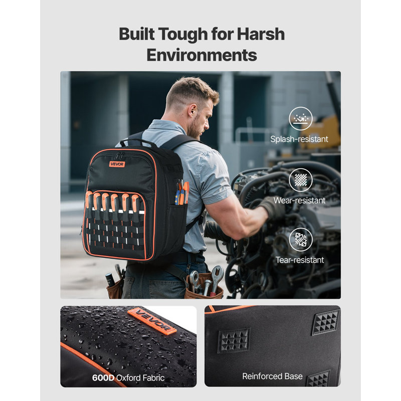 Tool Backpack, 49 Pockets, Heavy-Duty Tools Storage Organizer Work Bags With Laptop Compartment & Reinforced Fabric Base, Electrician Jobsite Backpack For Electrician, Repairman
