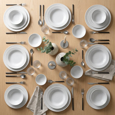 Service de table 100% porcelaine blanche Stellar Embossed (service de 24 pièces pour 6 personnes)