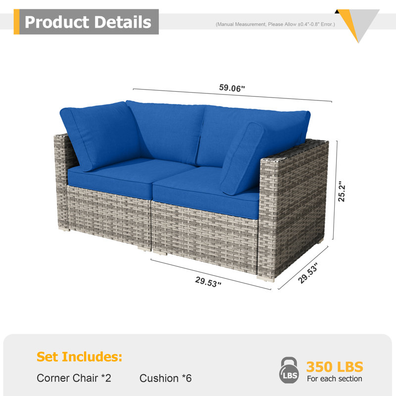 2-Person Outdoor Sectional With Cushions,All-Weather Wicker Patio Loveseat, Navy