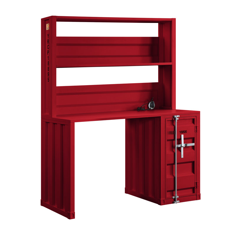 Bureau d'écriture Cargo avec finition rouge avec construction en métal, panneaux encastrés similaires à Cargo, 1 compartiment ouvert, base de rangement de porte, 47 po de largeur avec tiroir en bois, verrou de contenant pleine longueur, 100 lb