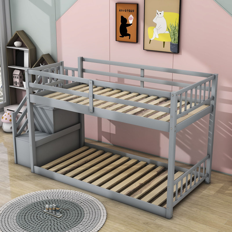 Lit superposé simple au-dessus de simple avec escalier de rangement Kendry Kids, gris