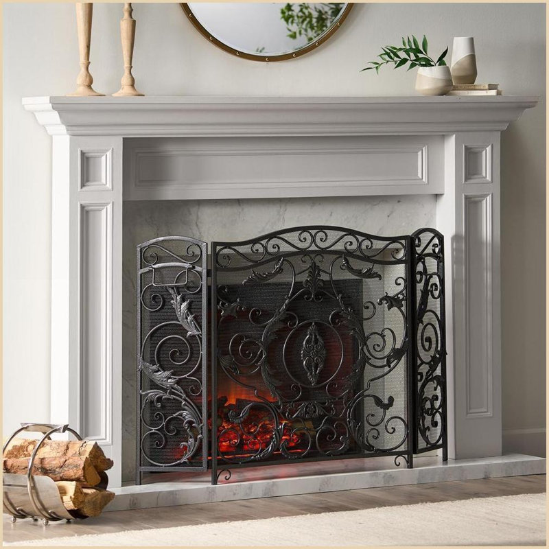 Fireplace Screen Traditional 3-Panel Iron Floral Design Black Brushed Silver | 53”W x 36”H | Black+Silver | Iron