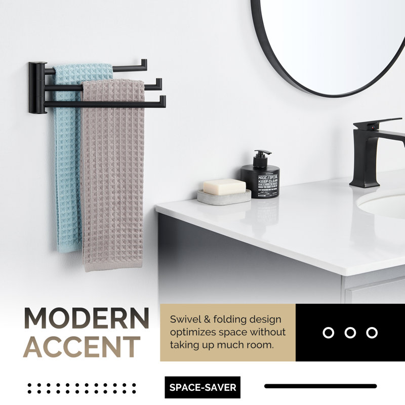 Wall Mounted 3 Swivel Arms Hand Towel Bar, Matte Black