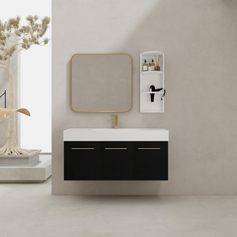 48 Inch Wall-Mounted Bathroom Vanity with Sink and Storage Rack, Thick Edged Resin Basin, KD-Package