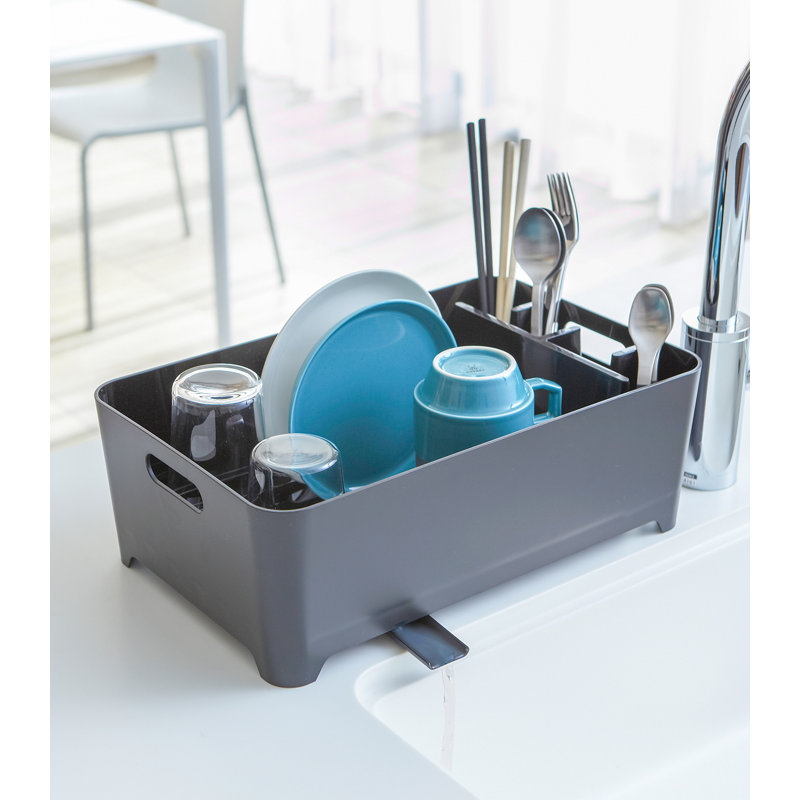 Black Plastic Dish Drying Rack with Utensil Cup
