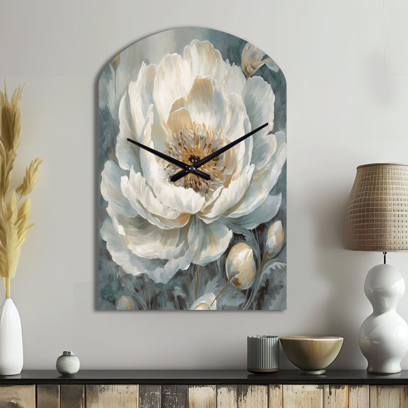 Haas - Arch Shape Decorative White Peonies Wall Clock, Moyenne