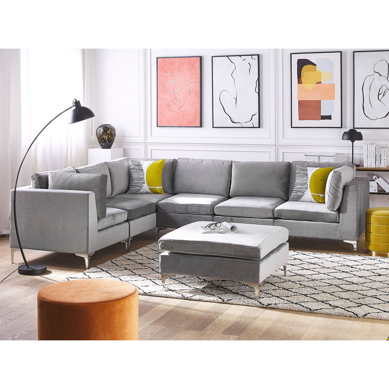 Moya 6 Seater Velvet Sofa & Chaise, Left Hand Facing, Grey