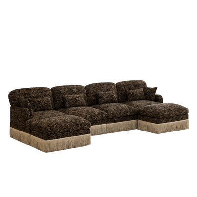 Modern Modular Leopard Print Chenille Sofa With Tassel Fring & Lumbar Pillows