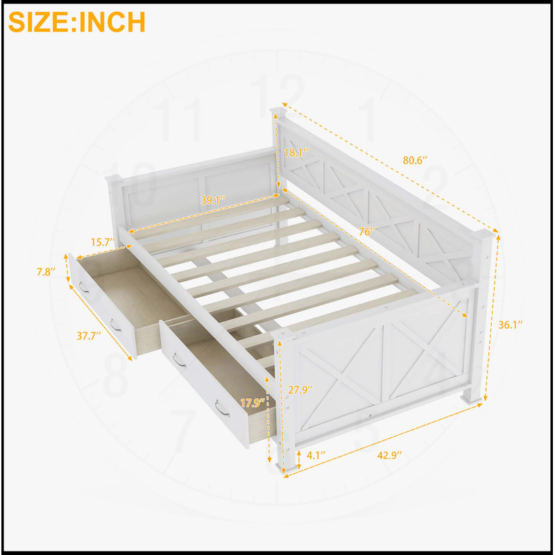 Lit de jour simple en bois de style décontracté moderne et rustique, avec tiroirs de rangement sous le lit pour une efficacité accrue