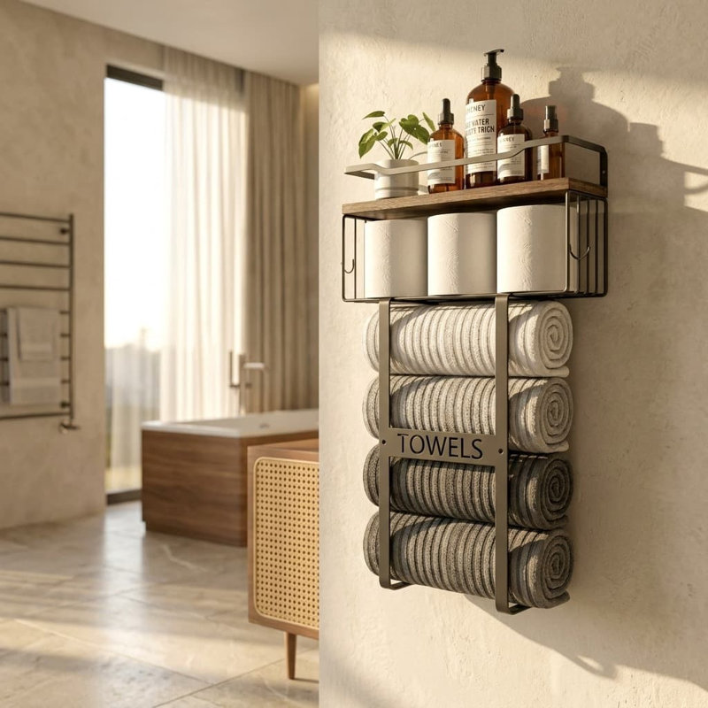 Wall Mount Brown Towel Storage Rack with Wood Shelf & Metal Basket for Small Bath RV Camper