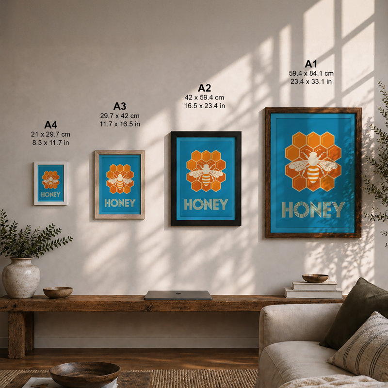Honeybee with Honeycomb Retro - Framed Print, Unframed, A4 - 29.7 x 21.0 cm