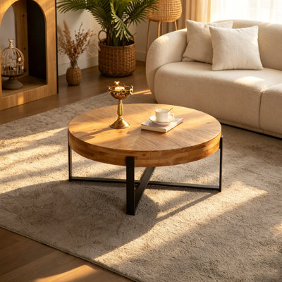 Table basse ronde en bois de cèdre massif, 32 po avec structure en métal doré