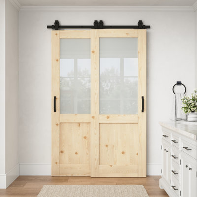 Porte intérieure en pin massif, demi-vitrée, 48 po x 80 po, avec quincaillerie pour porte coulissante de style grange, idéale pour le salon ou le garde-manger.