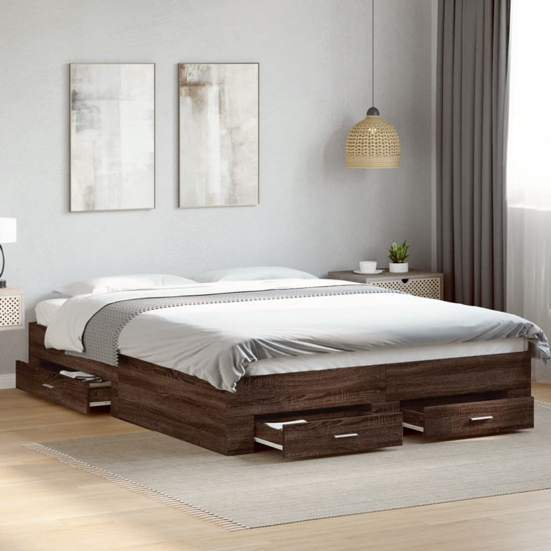 Vidaxl Bed Frame With Drawers Engineered Wood, Smoked Oak, European Double (140 x 200cm)