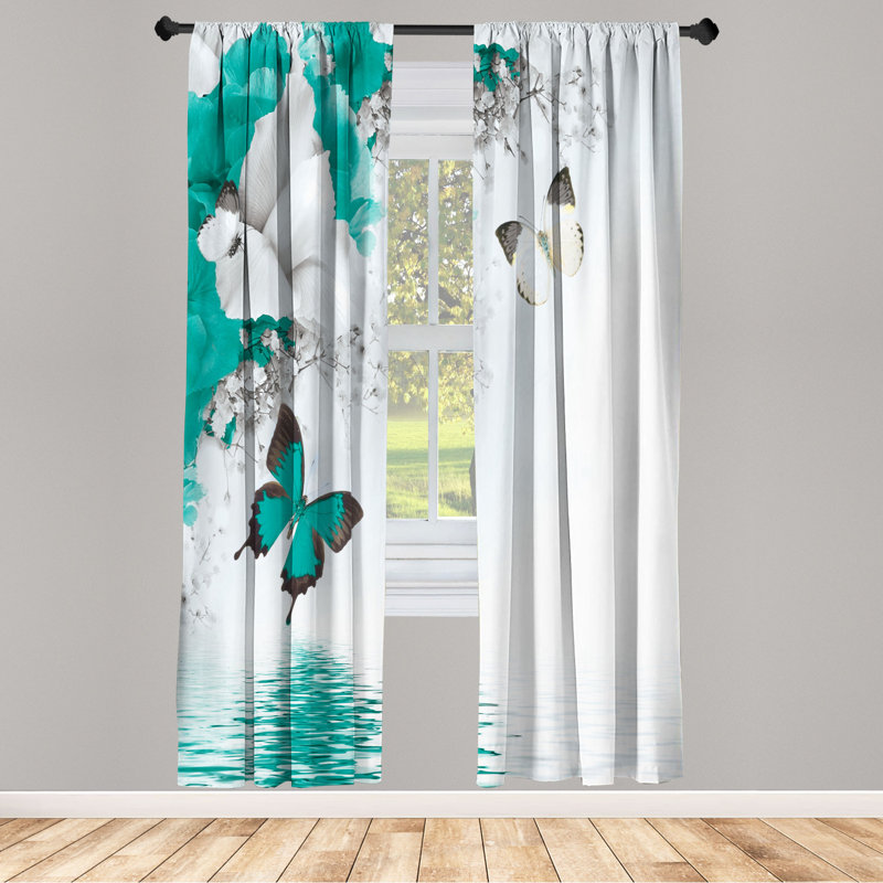 Microfiber Floral Semi-Sheer Rod Pocket Curtain Panels, 28" W x 63" L, Teal/Gray