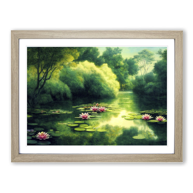 Shimmering Water Lily Pond - Framed Print, 46cm H x 64cm W x 2cm D, Oak