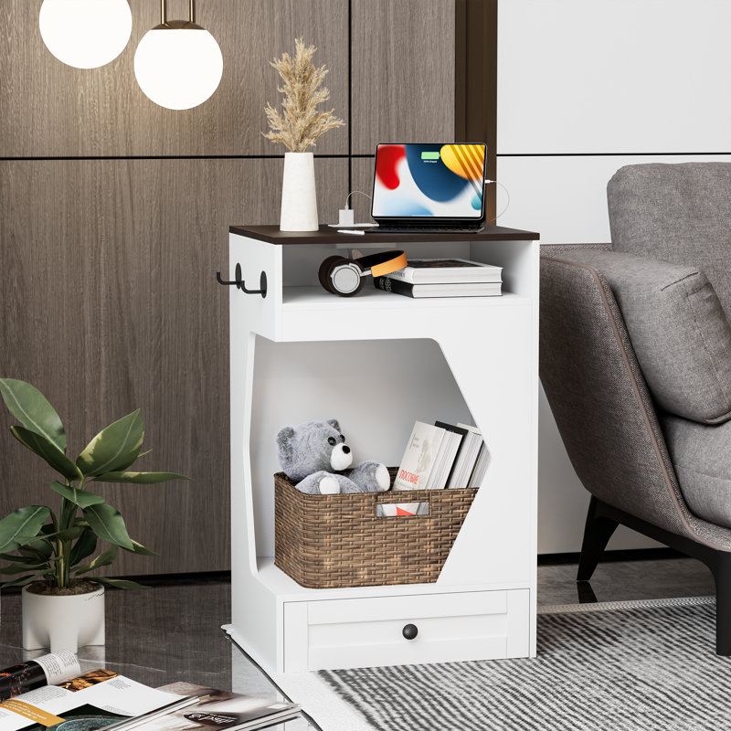 Designs Multifunctional Pet Feeding Station & Side Table with Charging Station & Food Storage, White