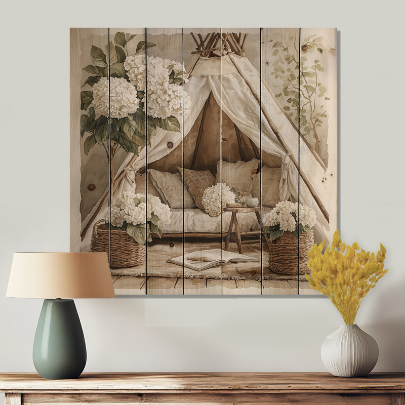 Boho hortensias dans un tipi boho II - décoration murale en bois d'hortensia - sur bois de pin naturel