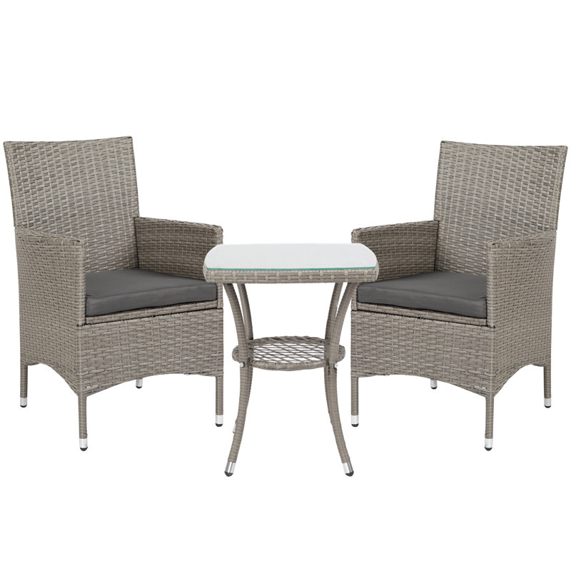 3 Piece Light Grey Rattan Bistro Set with 2 Armchairs and 2-Tier Tempered Glass Coffee Table, Garden Balcony Furniture with Washable Cushions