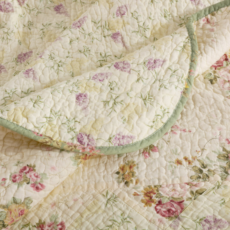 Ivory and Sage Floral Patchwork Cotton Quilt Set, Full