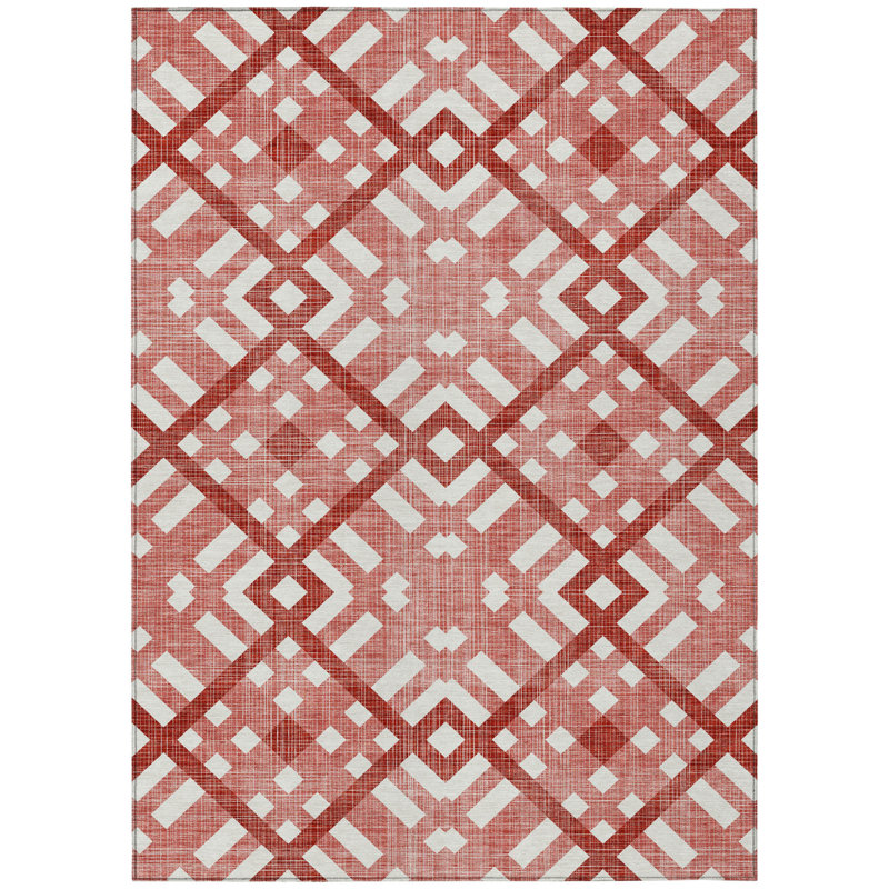 Tapis intérieur / extérieur géométrique lavable 5 pi x 8 pi rouge et ivoire