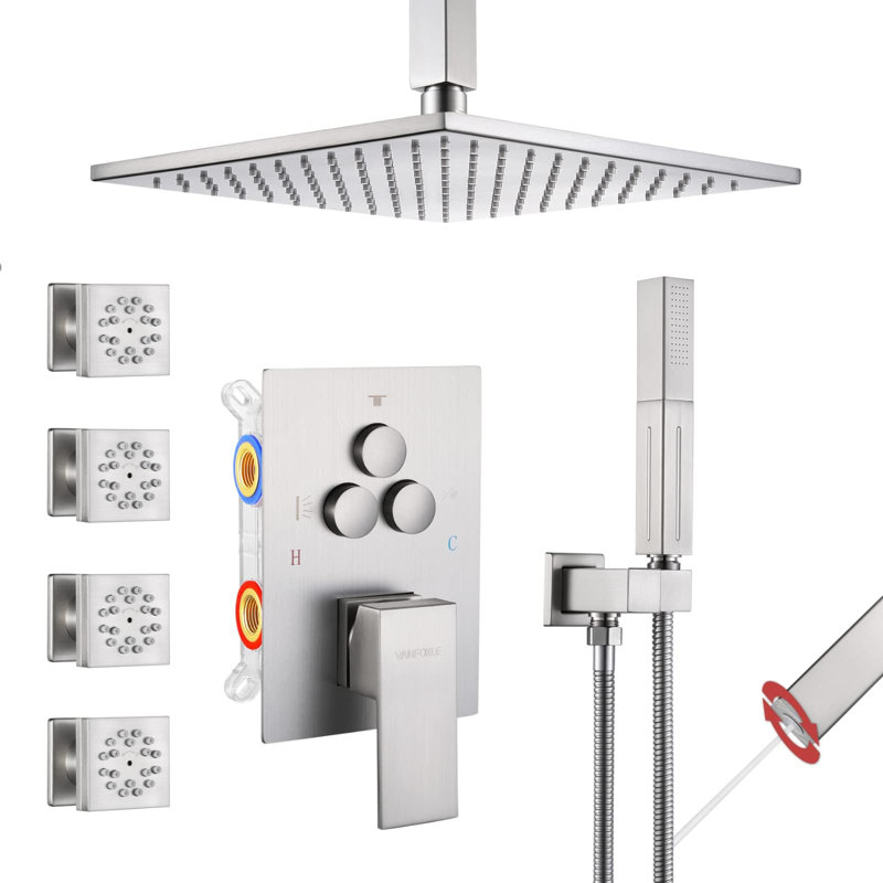 Shower Faucet Set, Ceiling Mount 10 Inch Shower Head, 6 Inch Wall Mount Shower Head, 2 In 1 Handheld, Brushed Nickel