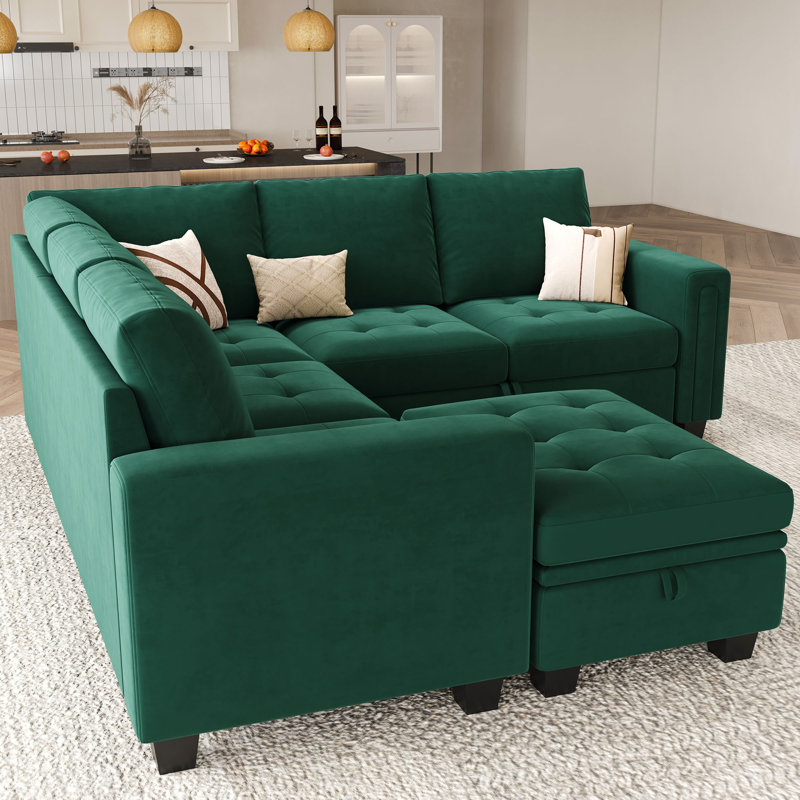 Modular Velvet Pull Out Bed With Storage Ottoman For Living Room Bedroom Apartment, Green Velvet