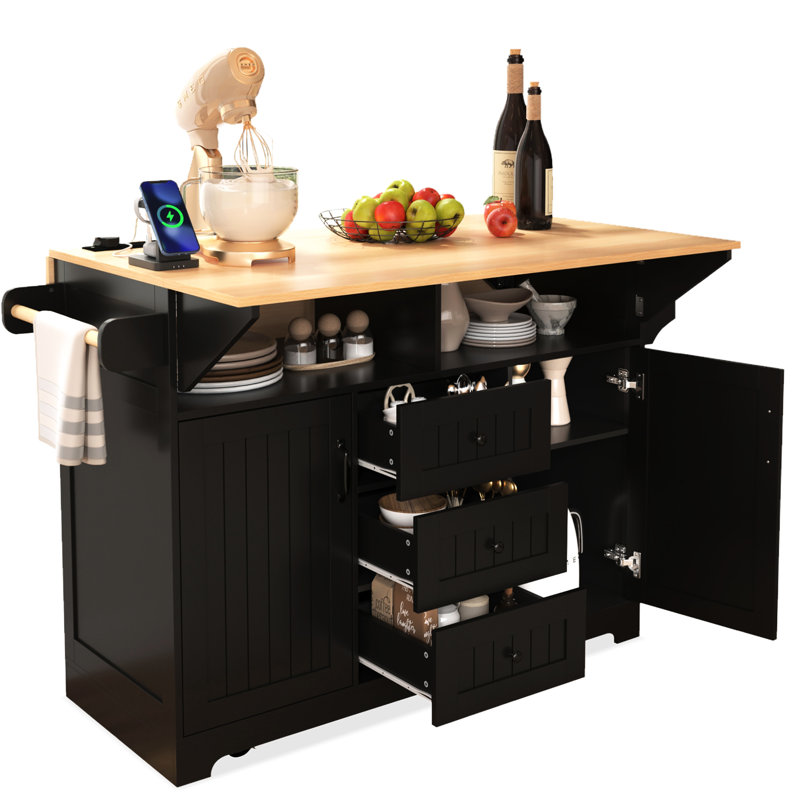 Grand îlot de cuisine de 55,7 po avec 2 abattants, roulant, prise de courant, table pliante à utiliser, 3 tiroirs, prise noire, table de salle à manger, armoire de rangement