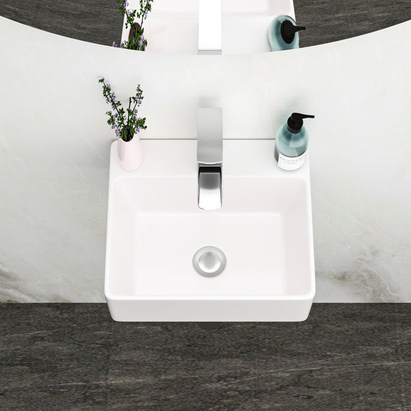 13.6x11.6 Inch Rectangle Wall Mount White Ceramic Bathroom Sink, Stain , Low Water Absorption, Fits 1 - 3/4" Drain Hole, Mounting Hardware And Guide Sink With Single Faucet Acid Resistance, Smooth